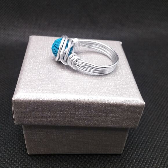 Artisan Turquoise Lava Stone Ring Silver Tone Wire Wrapped Diffuser Boho Sz 8.5 - Picture 5 of 13